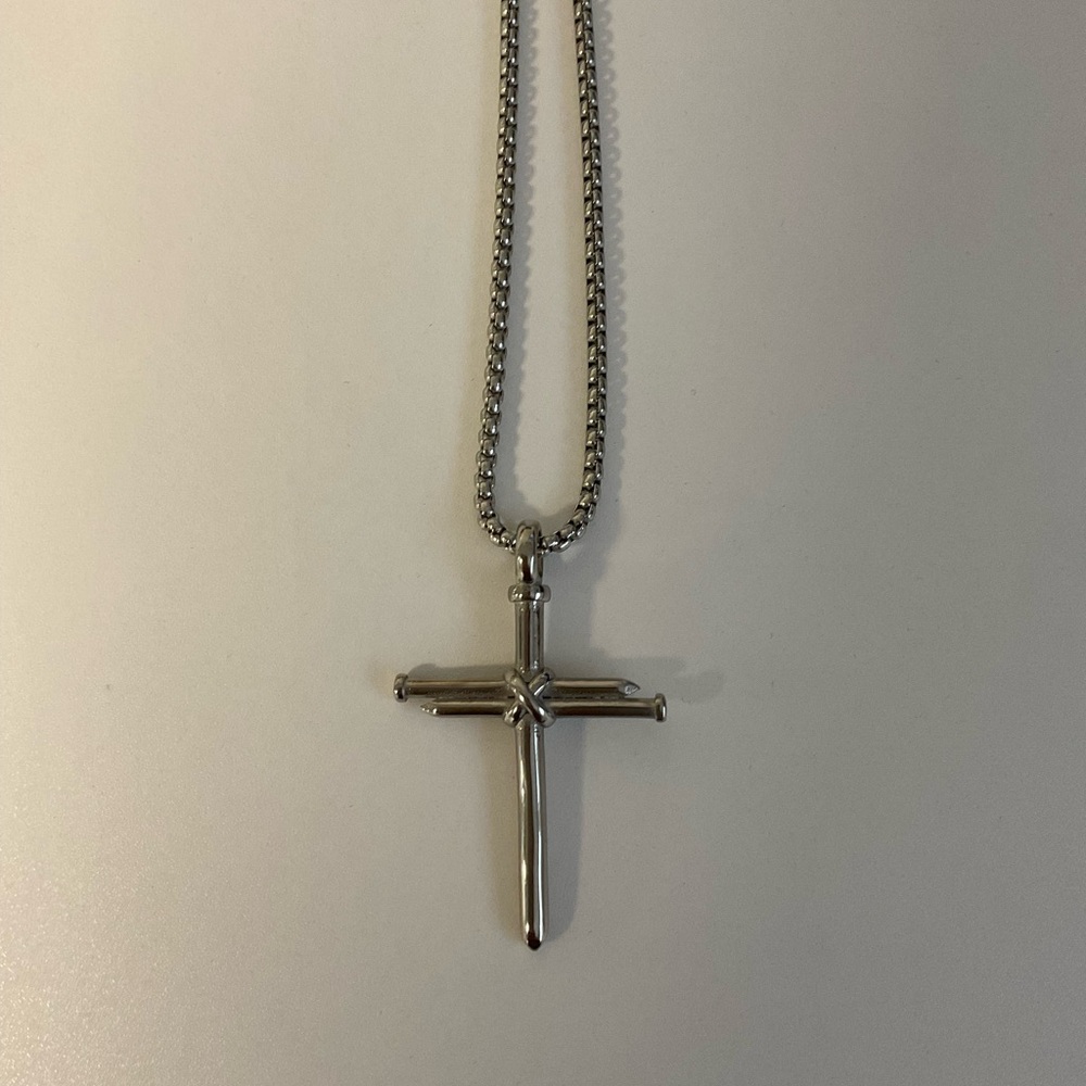 Men's Silver Cross Pendant Necklace - Polished Stainless Finish